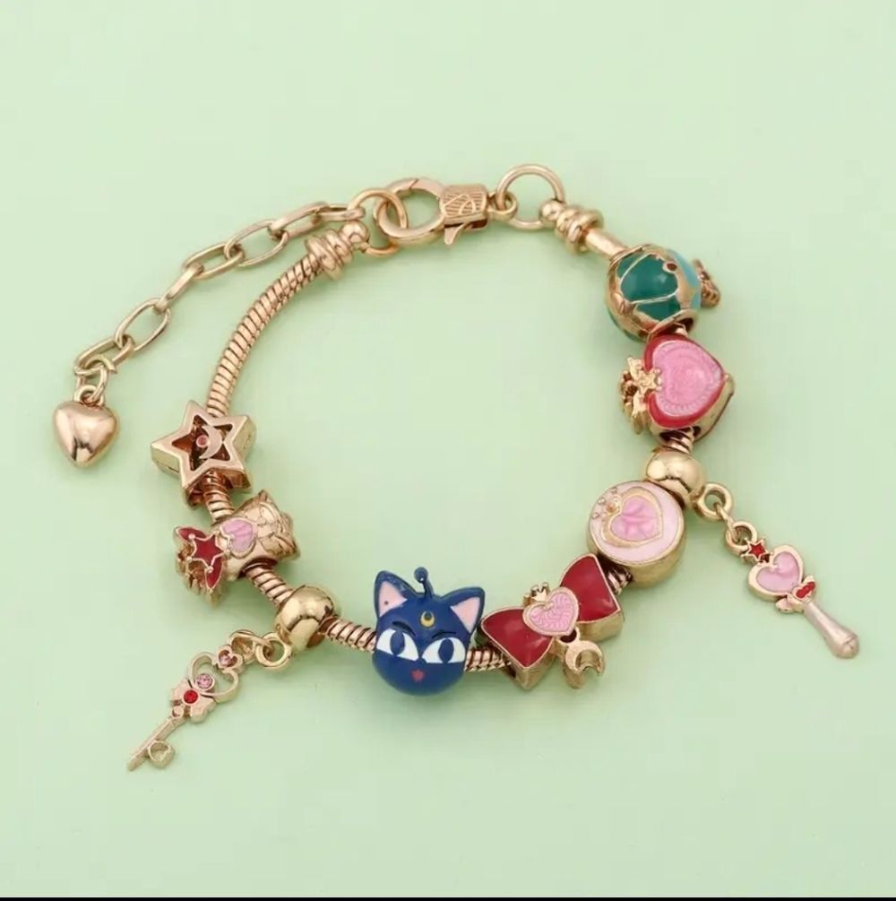 Gold Plated Sailor Moon Themed Loaded Charm Bracelet Unisex Anime Ka…